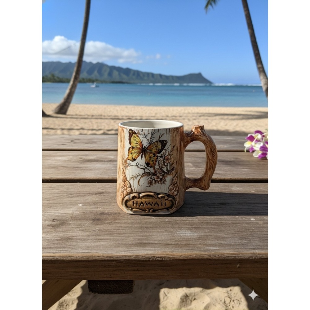 Vtg 1979 Treasure Craft Coffee Mug Hawaii Brown Wood Grain Look Butterfly